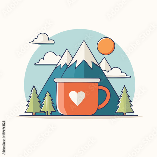 Cozy Mountain Scene with Heart Mug and Trees