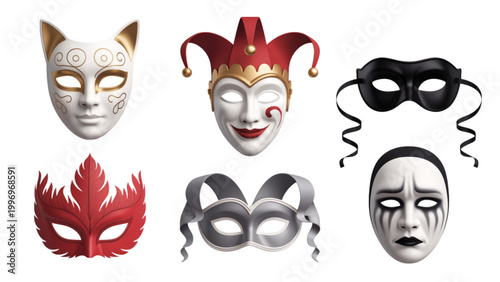 Four stylized masks with red accents and white faces in a row Vector
