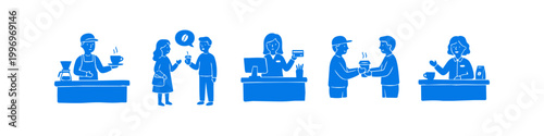 Blue flat illustrations of coffee shop scenes including baristas serving, customers chatting, credit card payments, and takeaway coffee orders. Ideal for cafe branding and service design.