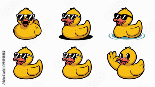 Cute Rubber Duck Cartoon Logo Set with Sunglasses and Fun Expressions