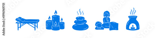 Collection of blue hand-drawn icons representing spa treatments, massage therapy, and relaxation tools, including a massage bed, aromatic candles, and hot stones.