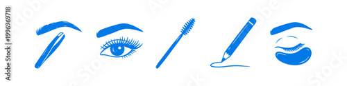 Set of blue vector icons for eyebrow and eyelash care, including mascara wand, eyeliner pencil, tweezers, and under-eye patches. Perfect for beauty salons and cosmetic branding.
