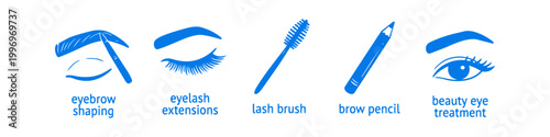 Blue icon set for eye beauty services, including eyebrow shaping, eyelash extensions, lash brush, brow pencil, and general eye treatment. Ideal for salon marketing and professional web design.
