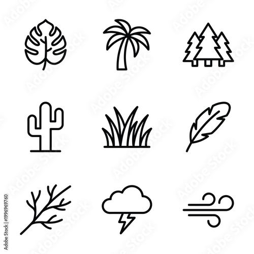 Collection of nature and weather icons with palm tree line art plant life air current lightning silhouette illustration collection minimalist tropical aerodynamic atmosphere temperature