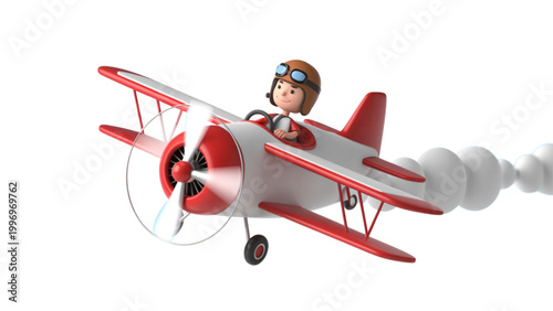 Red and white biplane with pilot flying against clear sky Vector