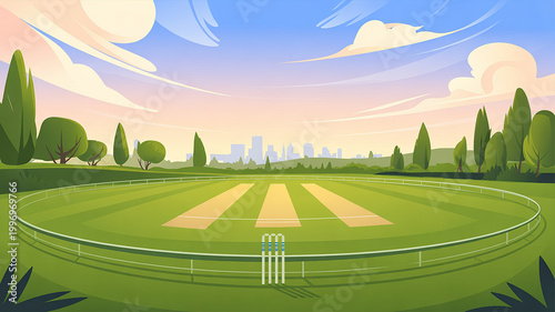 Peaceful cricket ground with city skyline in background