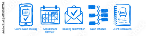 Set of blue hand-drawn icons for online salon booking, appointment calendars, booking confirmation, salon schedule, and client reservations. Ideal for beauty business management and app design.