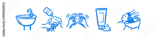 Blue hand-drawn icons illustrating the hair washing process, featuring a salon sink, shampoo application, head massage, treatment tube, and a client getting their hair rinsed at a salon basin.