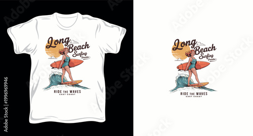 Long beach surfing paradise t-shirt design featuring vintage pin up girl with surfboard standing on ocean wave at sunny coast.