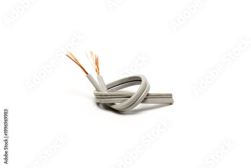 Fotografie Knotted Gray Speaker Wire with Exposed Copper Ends