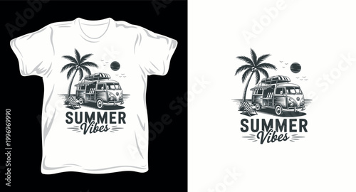 Summer vibes vintage van t-shirt design with palm trees and beach scenery for outdoor enthusiasts.