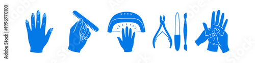 Manicure and nail care icon set featuring hands, nail file, UV lamp, cuticle nippers, and hand massage in blue silhouette style on a white background.