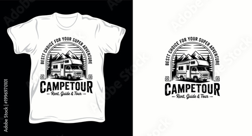 Vintage camper van t-shirt design for summer travel and outdoor adventures.