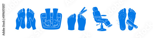 Set of blue pedicure and foot care icons featuring foot massage, soak, nail clipping, salon chair, and exfoliation. Ideal for spa, wellness, and beauty branding or educational materials.