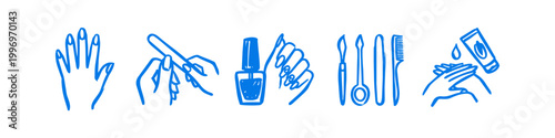 Hand-drawn blue line art icons for manicure, nail care, and spa services, featuring hands, nail polish, files, and cream.