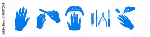Blue vector illustrations of a manicure process, including nail filing, UV lamp drying, painting, and professional nail care tools on a white background.