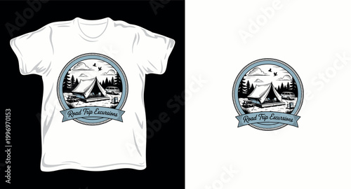 Camping adventure logo design with tent and van in forest for t-shirt print.
