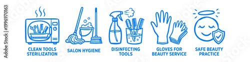 Blue hand-drawn icons illustrating hair salon hygiene and safety protocols, including tool sterilization, cleaning, disinfecting, protective gloves, and safe beauty practices.