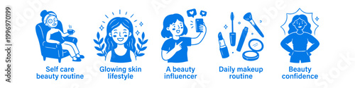 Set of blue hand-drawn illustrations featuring beauty routines, skincare, influencers, and makeup. Perfect for wellness, self-care, and cosmetic branding concepts.