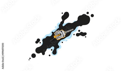 Oil production sea pollution concept with offshore platform and oil spill top view vector illustration isolated on white