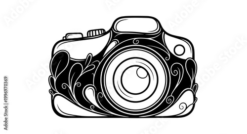 Beautiful ornate black and white camera illustration with intricate floral patterns and elegant swirls, vintage photography concept art.