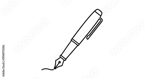 Minimalist line art illustration of a fountain pen writing. Simple outline icon for education, business, or signature.