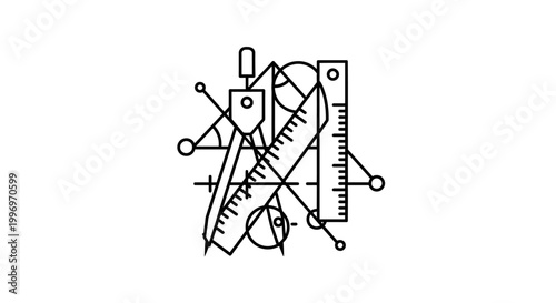 Abstract geometric tools icon with compass, ruler, and triangle. Minimalist line art for education, engineering, and design concepts.