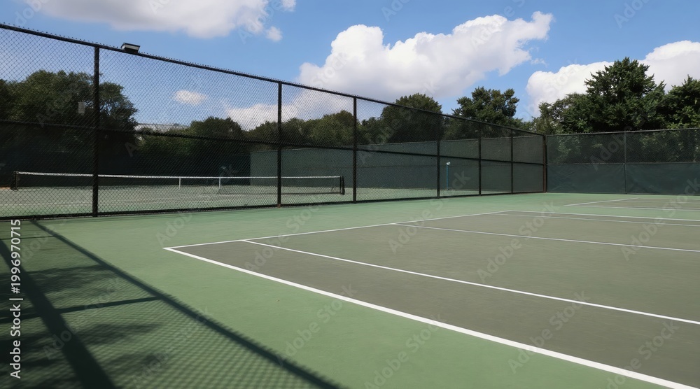 Fototapeta premium Outdoor tennis court with green surface and black fence under a blue sky with clouds. No players are present on the empty sports ground. Trees and park surroundings visible.