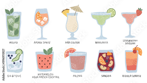 Vector set with 10 hand-drawn cocktail illustrations. Includes Mojito, Spritz, Margarita, Piña Colada, Paloma. Detailed with names, garnishes, ice, and retro style on a white background.