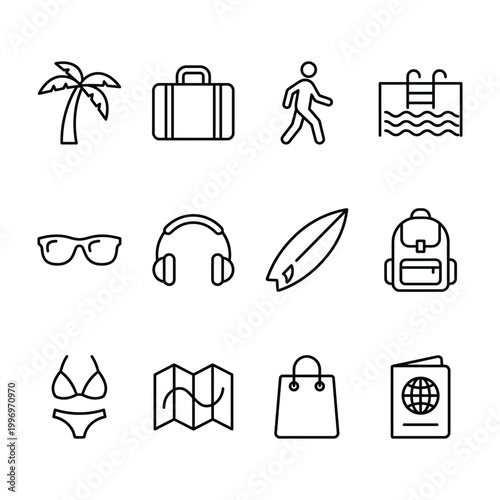Travel and holiday icons featuring clothing and accessories palm tree walking person swimming pool shopping bag line art personal item vacation suitcase sunglasses headphones surfboard