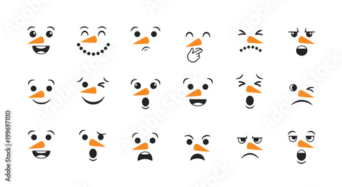 Diverse snowman facial expressions with carrot noses and coal eyes showing various happy and sad moods or emotions.