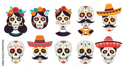 Traditional Day of the Dead sugar skulls featuring floral decorations, hats, moustaches, and colorful face paint.