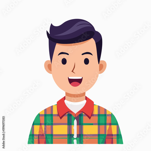 Cartoon illustration of a smiling young man with dark hair