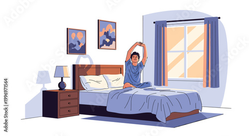 Young man sitting on his bed and stretching his arms while waking up in a sunlit bedroom with a view of a window.