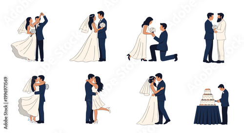 Collection of diverse wedding couples in various romantic poses including dancing, proposing, kissing, and cake cutting.
