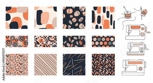 Set of abstract textile patterns alongside sewing machines and equipment icons for tailoring and craft design work.