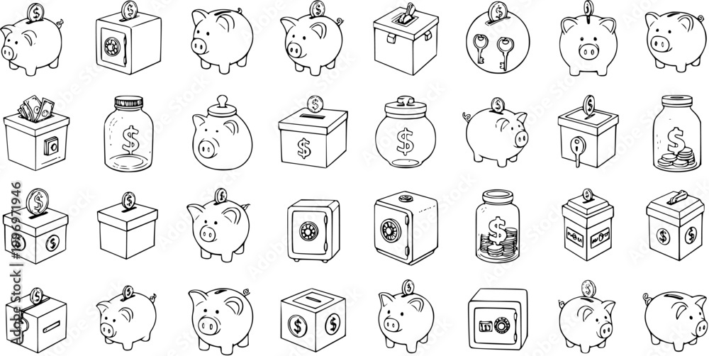 Fototapeta premium Variety of Savings Icons: Piggy Banks, Safes, and Jars in Sketch Style