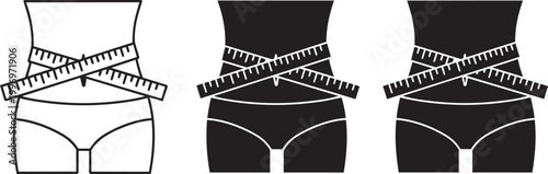 Fitness icons showing human waist measured with measuring tape for weight loss and health tracking.
