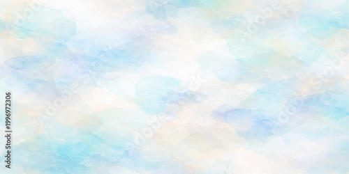 Abstract watercolor background of blue clouds and bright sunlight creates a beautiful summer sky atmosphere with fluffy white cloudscape in the clear high air