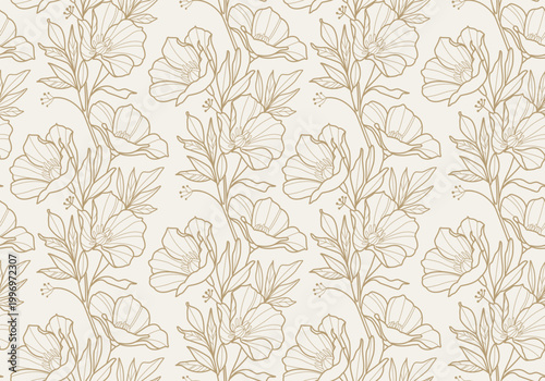 Minimalist Gold Line Art Floral Seamless Pattern: Elegant Vertical Botanical Vine Background for Luxury Wedding Stationery, Boho Wallpaper, and Premium Packaging
