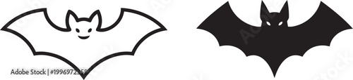 Collection of bat icons for halloween and spooky themes, flying creatures in black and white outline.