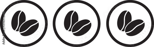 Three coffee bean icons in circles, showing roasted coffee beans for beverage and aroma representation.