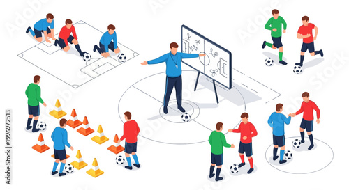 Isometric vector art depicts soccer players training on a sports field, with a coach explaining strategy on a whiteboard, all set against a clean white background with a bright, cheerful