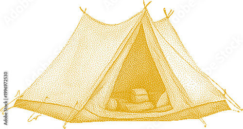 Open tent with sleeping bags during daytime in warm yellow tones