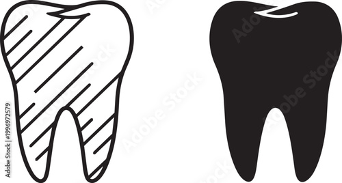 Two dental symbols one outlined with stripes and one solid black tooth icon on white background.