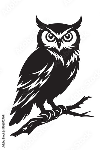 Stylized black owl vector illustration, majestic nocturnal bird perched on a branch, minimalist wildlife mascot icon for logo design and branding