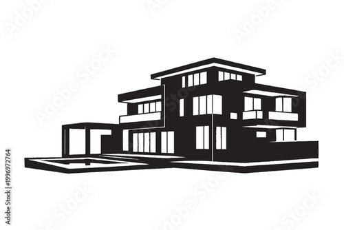 Modern luxury villa silhouette, contemporary house architecture vector icon, minimalist black and white residential building exterior for real estate