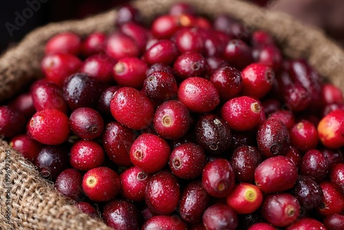 Freshly harvested red coffee cherries in a burlap sack