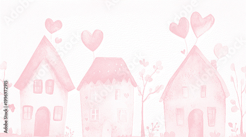 Whimsical pink houses with heart balloons during daytime concept