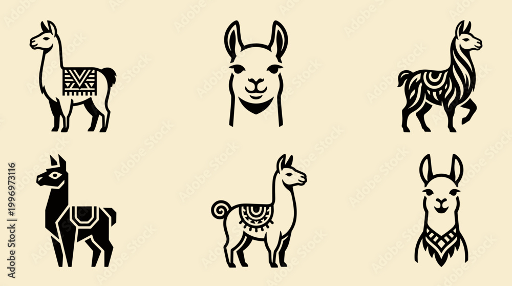 Obraz premium Modern llama logo collection: monochrome linocut illustrations, woodblock animal icons for branding and design